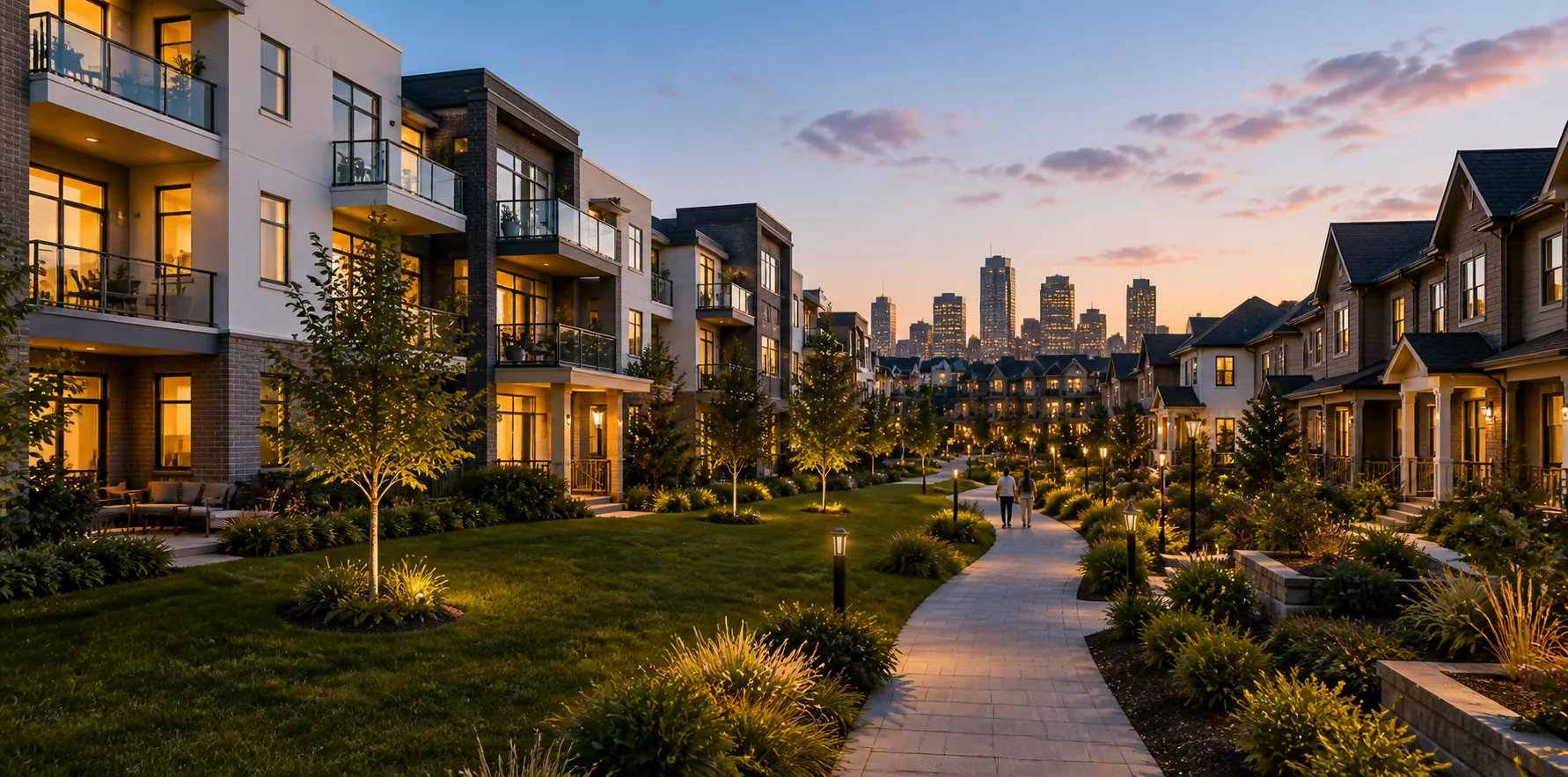 Modern apartments and townhomes surrounding a landscaped residential walkway at sunset